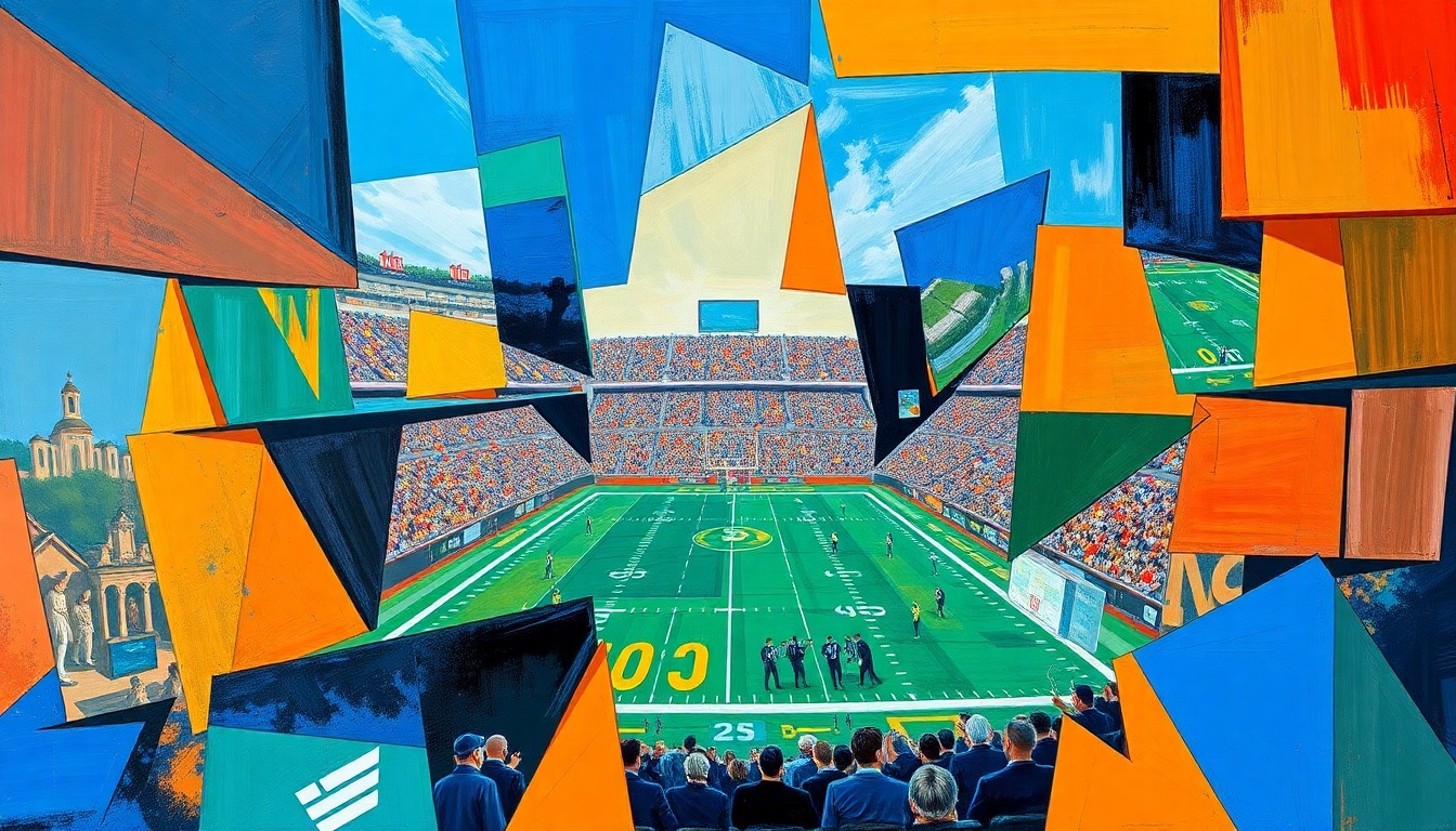 A cubist, geometric painting depicting fragmented football players and draft prospects in a chaotic, multi-angled composition, using bold colors to capture the unpredictability of the NFL Draft.