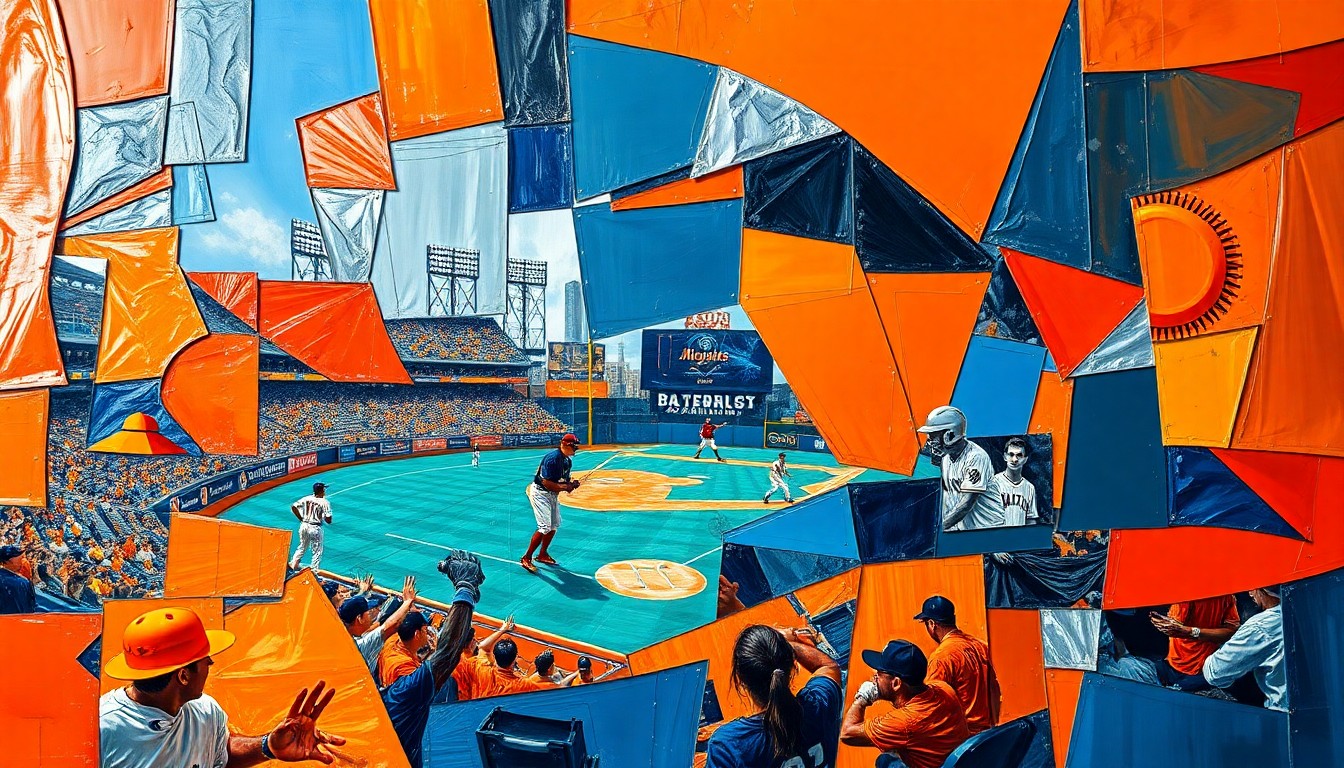A cubist, geometric painting depicting a baseball game in progress, with players and the field broken down into overlapping planes of bright colors and abstract shapes.
