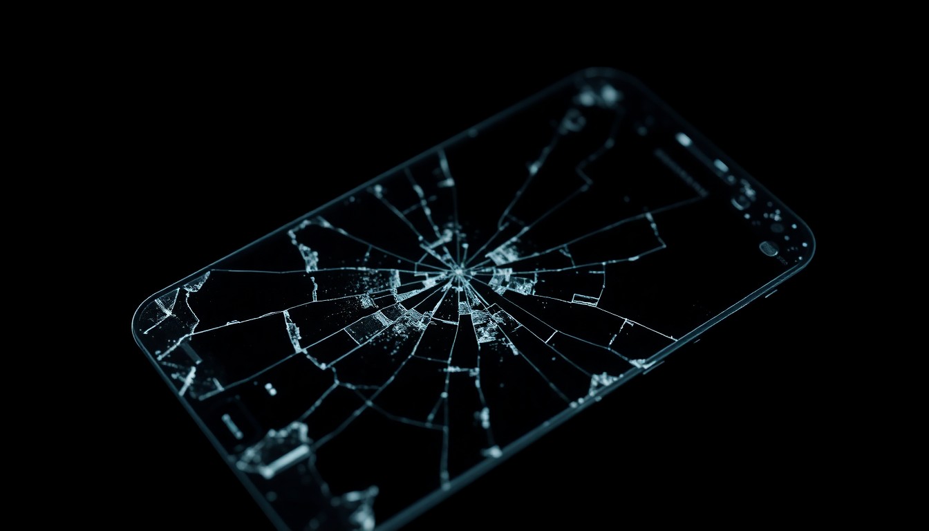 An extreme close-up of a shattered cell phone screen, reflecting the harsh, gritty aftermath of a domestic violence incident.