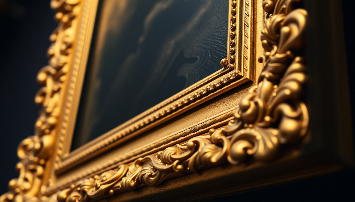 An extreme close-up photograph of the ornate, gilded frame of a painting, capturing the luxurious, high-contrast textures in dramatic studio lighting to conceptually represent the cultural significance of American fine art.