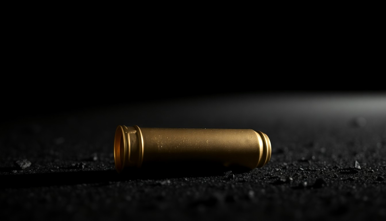 An extreme close-up photograph of a spent shell casing on the ground, with a harsh, direct camera flash illuminating the metallic texture and creating dramatic shadows, conceptually representing the violence of a school shooting without depicting any graphic imagery.