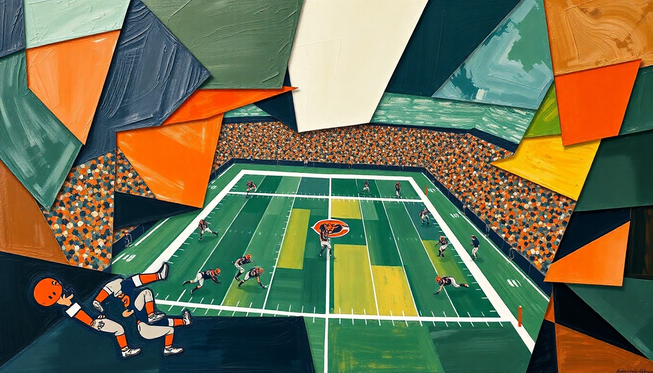 A fragmented, geometric painting in shades of navy, green, and orange depicting a Chicago Bears football game, with sharp, overlapping shapes representing the team's defensive struggles and need for improvement.