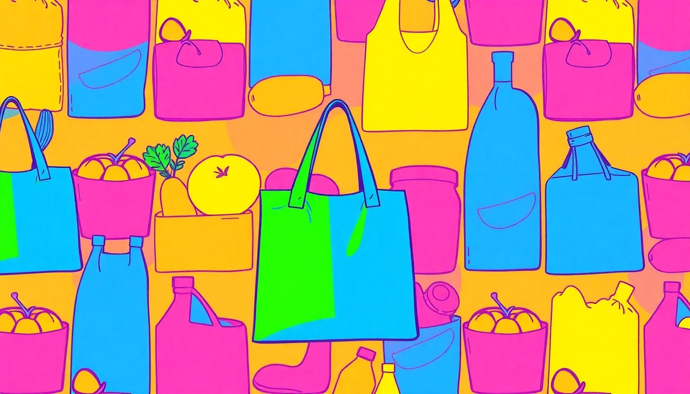 A brightly colored, high-contrast silkscreen print of a reusable grocery bag repeated in a tight grid pattern, conceptually representing the iconic products and community-driven values of a long-running natural food cooperative.