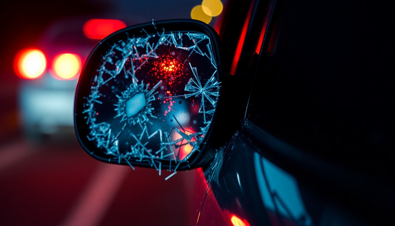 An extreme close-up photograph of a shattered car side mirror reflecting the faint glow of red taillights, conveying the aftermath of a tragic hit-and-run incident through a stark, investigative visual aesthetic.
