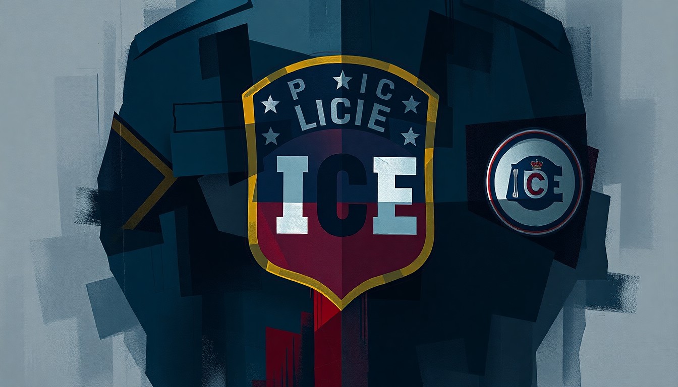 A vibrant, abstract painting featuring overlapping, fractured shapes and geometric patterns in shades of blue, red, and grey, conceptually representing the tensions between local and state authorities over immigration policies.