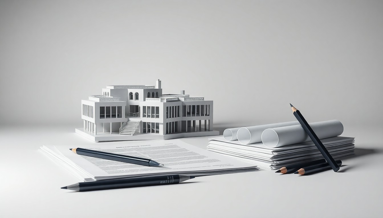 A photorealistic studio still life featuring a sleek architectural model, a stack of legal documents, and a set of rendering pencils, symbolizing the abstract concepts of corporate strategy, finance, and real estate development that have stalled a planned retail project.
