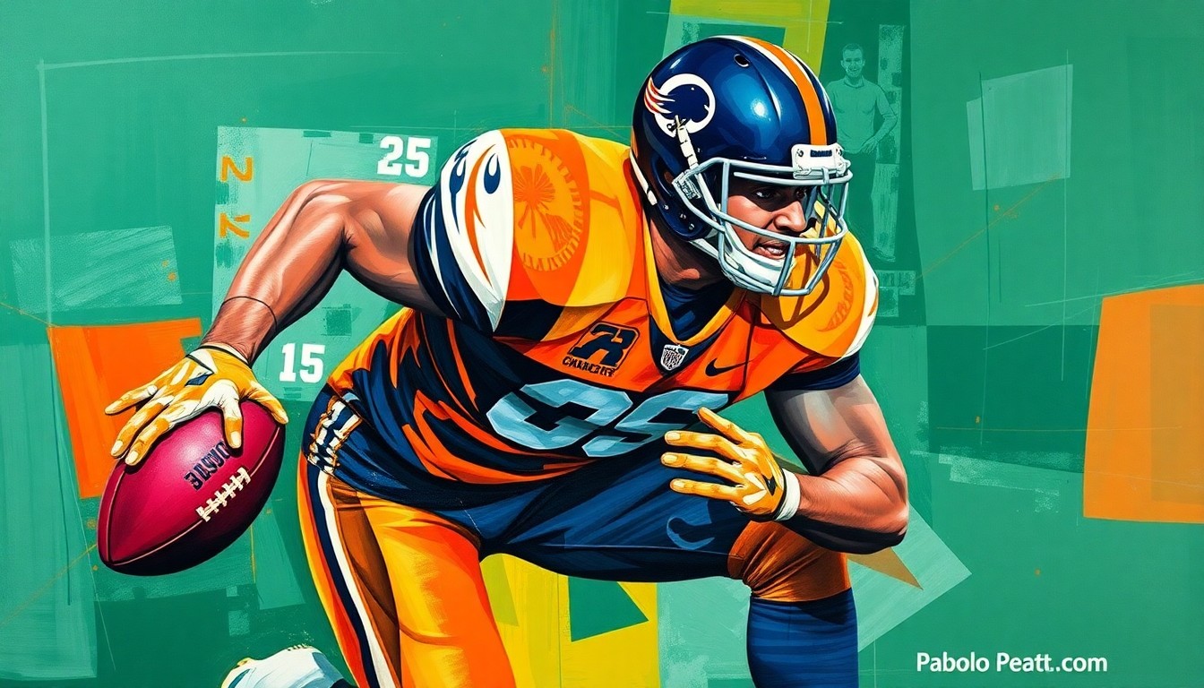 A cubist-style painting depicting a football linebacker in action, broken down into sharp, overlapping geometric shapes and planes in a vibrant color palette, conveying the dynamic movement and strategic nature of the position.