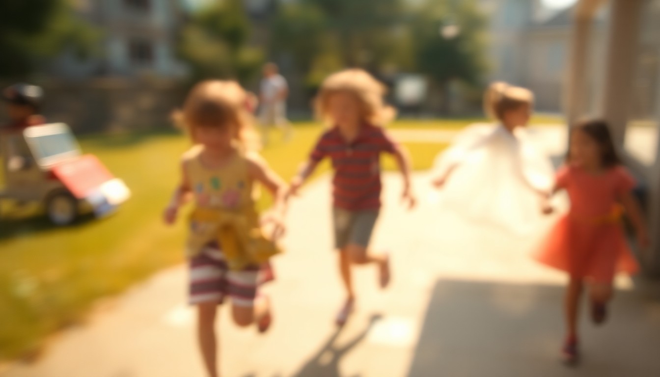 An extremely blurred and abstracted scene of children running and playing outdoors, with soft pools of warm sunlight and color, capturing the joyful energy of the homeschool Field Day event.