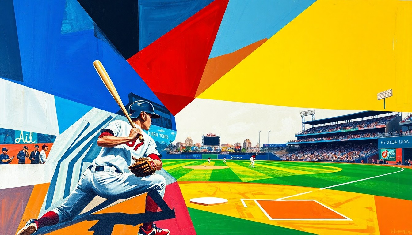 A fractured, geometric painting in bold, vibrant colors depicting the action of a baseball game, with the players and field broken down into sharp, overlapping planes that capture the dynamic movement and competition of the contest.