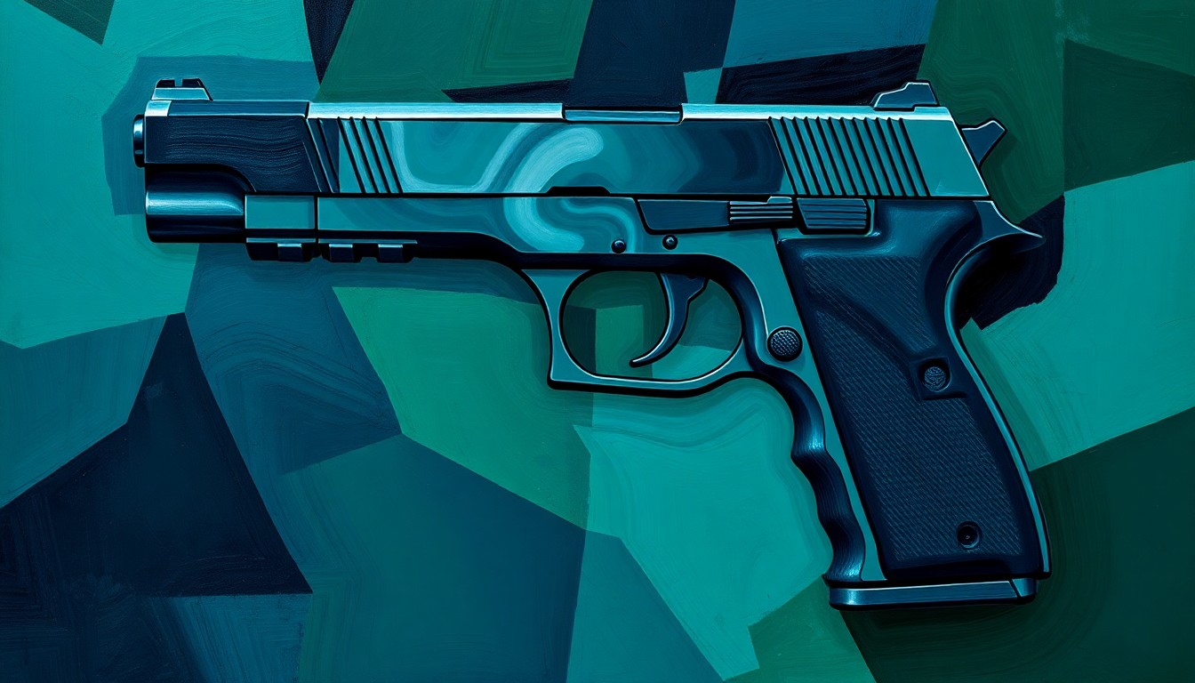 A dynamic, abstract painting featuring a handgun repeated in overlapping, fractured geometric shapes in shades of blue, green, and grey, conveying the complex legal and political issues surrounding self-defense and gun ownership.