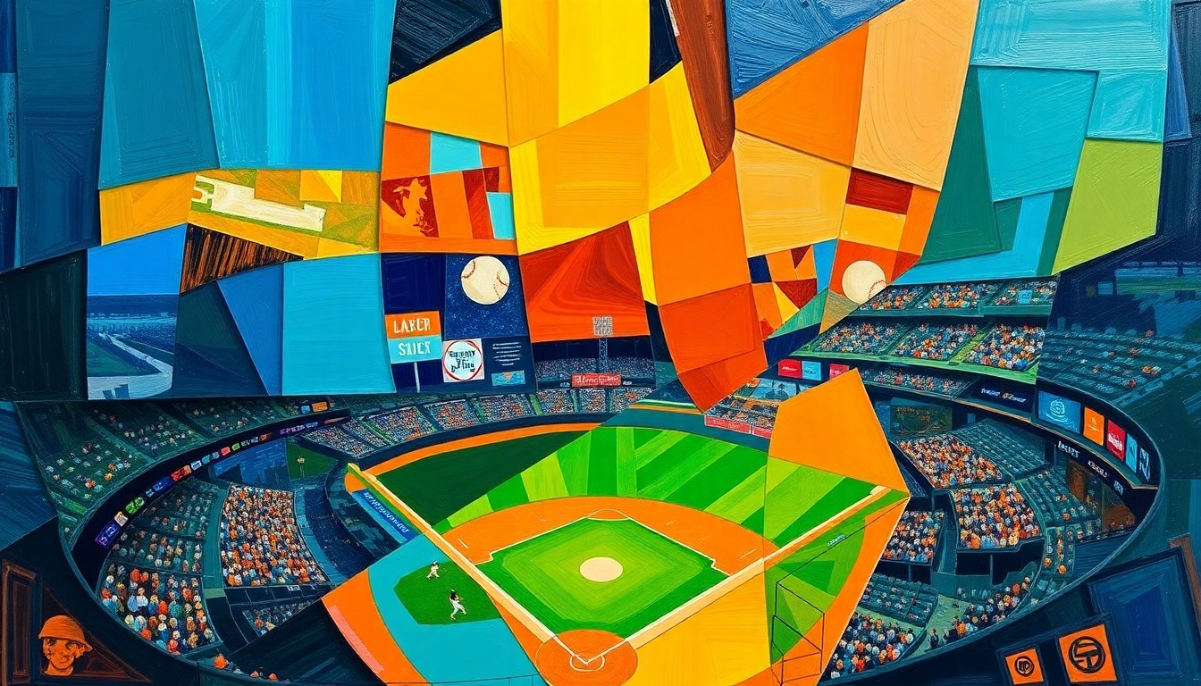A fragmented, geometric painting depicting various baseball actions and movements, rendered in a vibrant color palette of blues, oranges, and greens, capturing the dynamic energy of the Dodgers' minor league standouts.