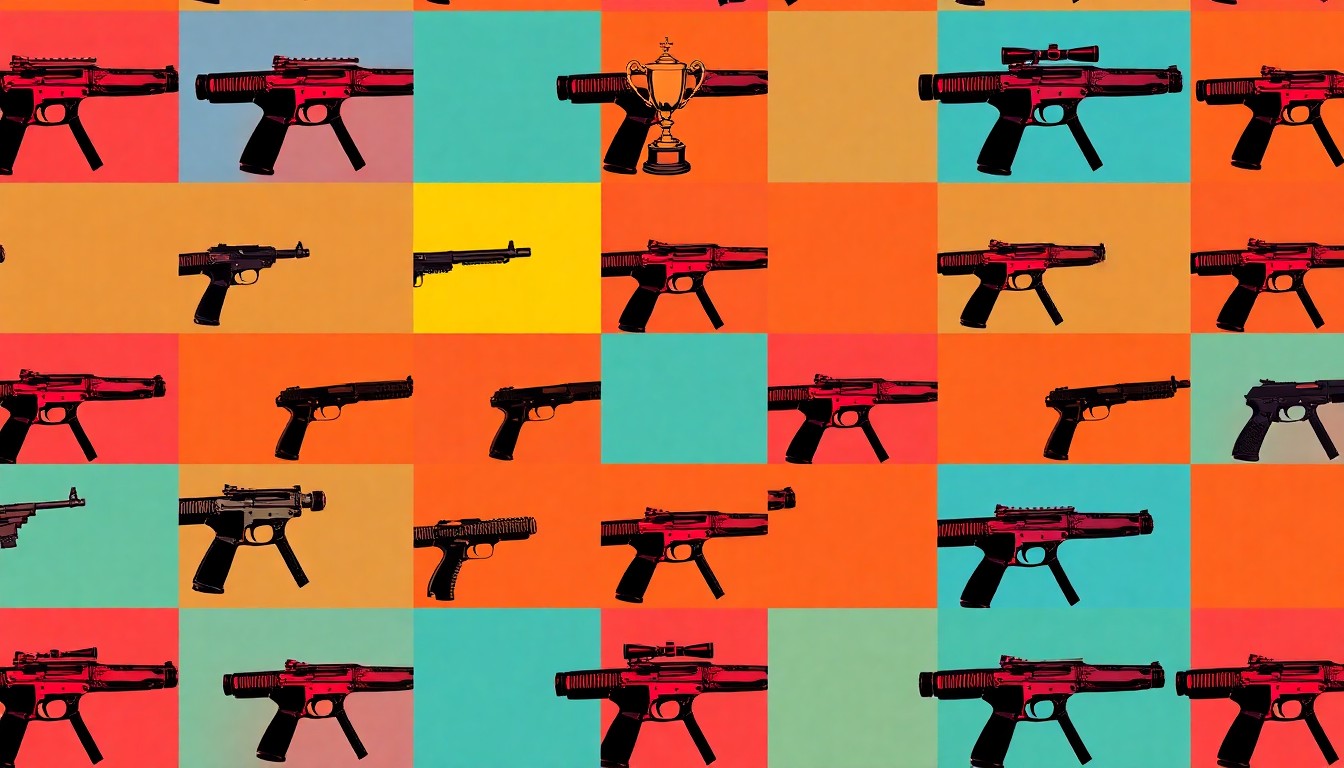 A bold, graphic silkscreen print featuring a repeated pattern of a shiny silver pistol in neon pink, orange, and blue hues, capturing the spirit of competitive shooting sports.