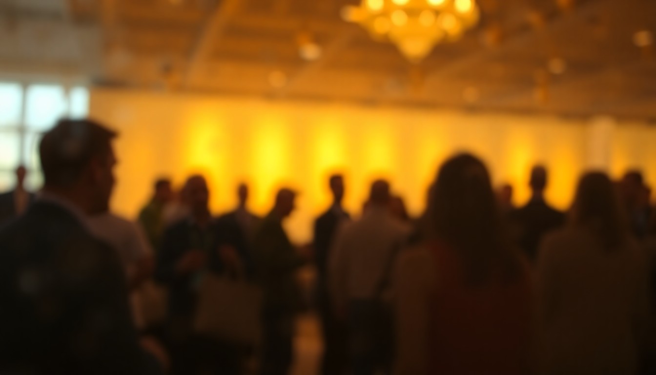 An abstract, impressionistic photograph showing the blurred silhouettes of people in conversation, with warm pools of soft yellow and orange light, conceptually representing the energy and connections of an academic conference.