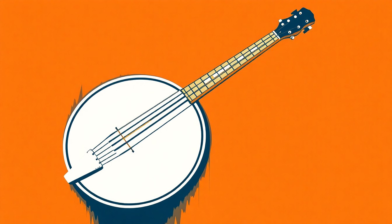 An abstract, minimalist illustration featuring a bold, jagged silhouette of a banjo in deep indigo and warm ochre tones, capturing the essence of Carolyn Shapiro's musical artistry.