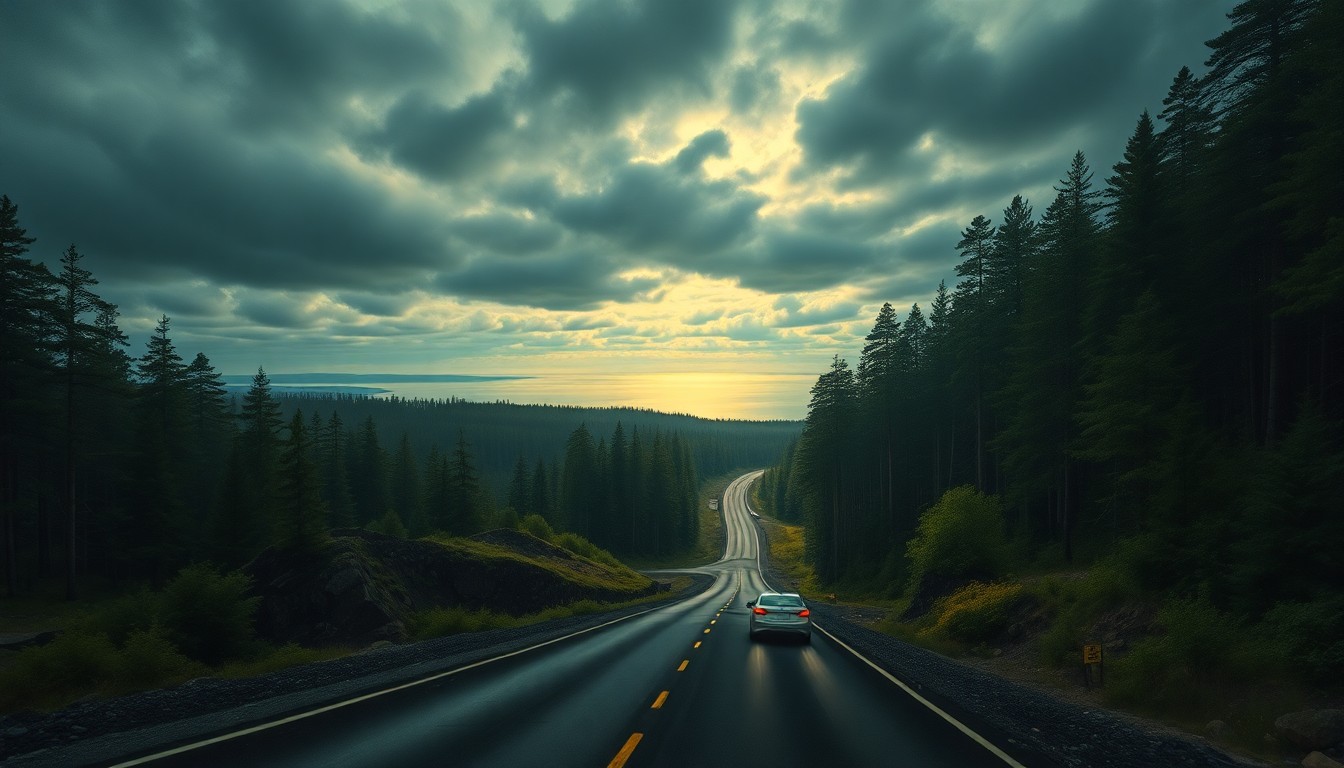 A vast, majestic landscape painting depicting a sweeping, atmospheric view of the Tunnel of Trees along M-119 in Northern Michigan, with the collapsed sections of the roadway dwarfed by the surrounding forest and Lake Michigan in the distance.