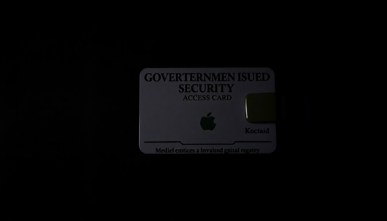 An extreme close-up photograph of a government-issued security badge or access card, the details obscured by the harsh lighting and dramatic shadows, conceptually representing the mysterious disappearances of individuals with access to sensitive information.