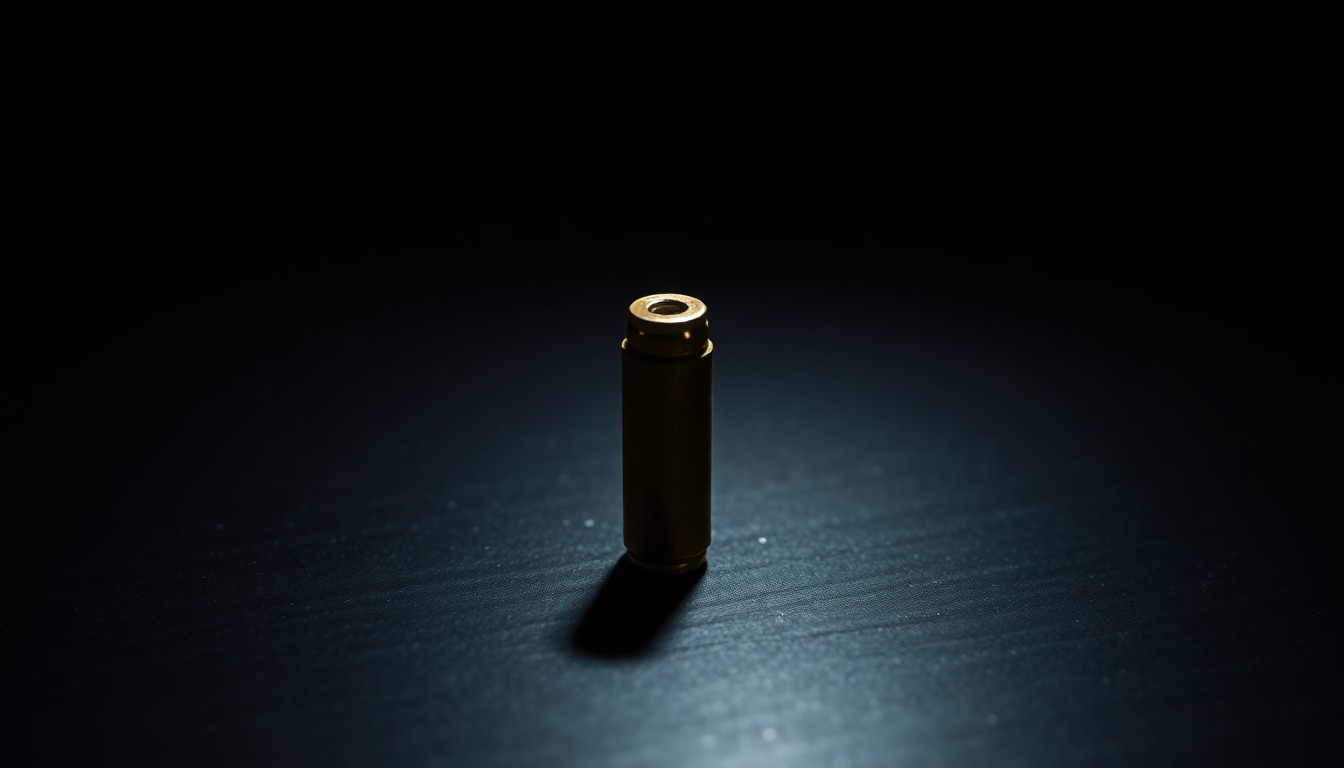 An extreme close-up of a single bullet casing on a dark surface, lit by a harsh, direct camera flash, conceptually representing the investigation into Aliza Spencer's murder.
