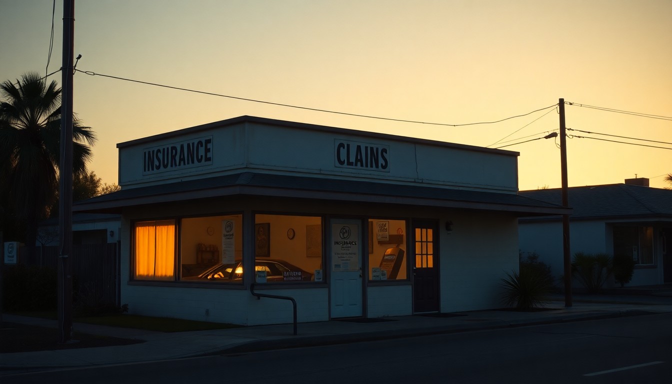 A dimly lit, cinematic painting of an insurance claims office, with warm sunlight streaming through the windows and deep shadows across the weathered walls, conceptually representing the challenges Californians face in getting the insurance benefits they deserve.