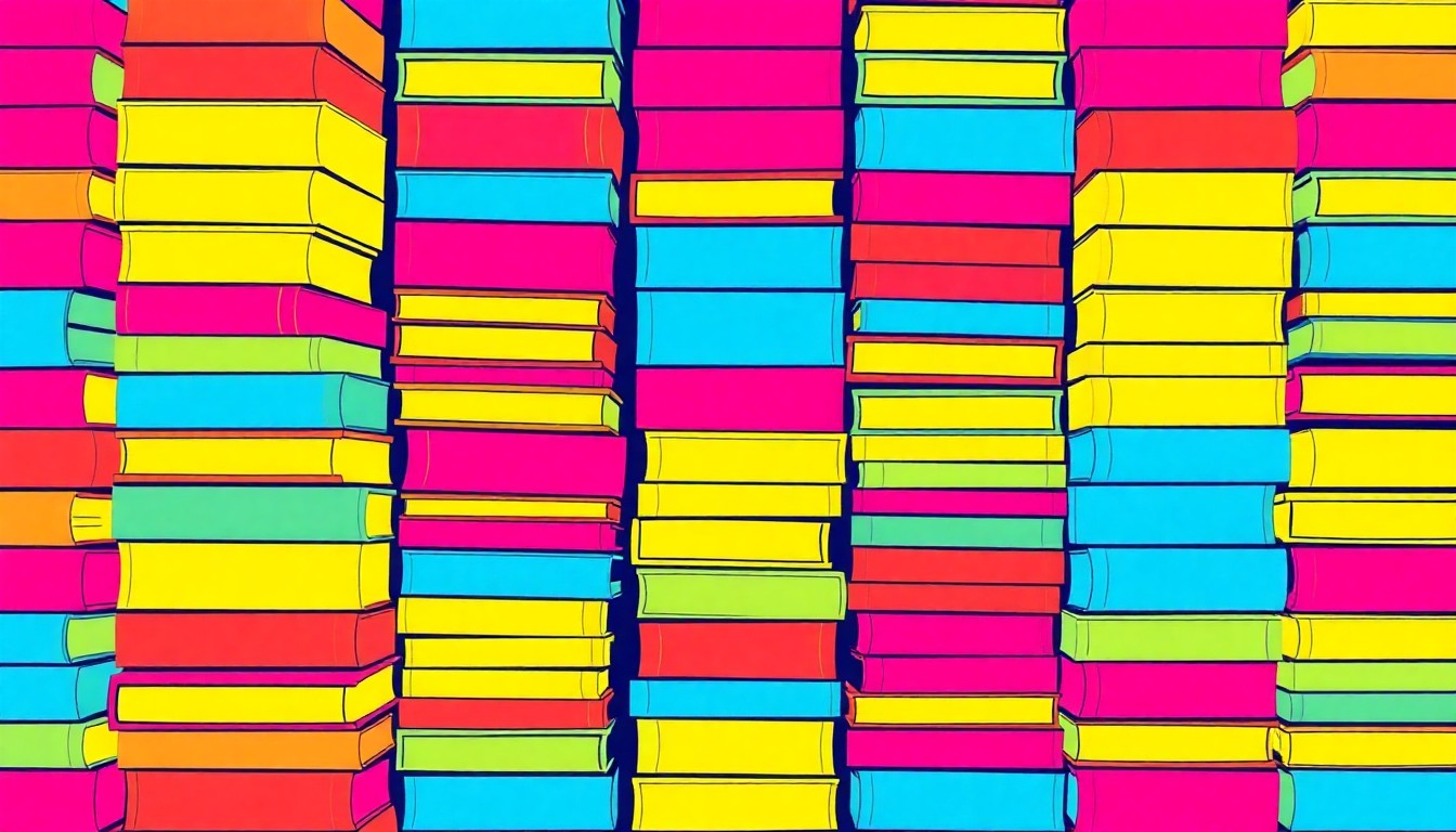 A bold, colorful silkscreen illustration of a stack of books repeated in a grid, conceptually representing the diverse collection and intellectual freedom of a public library.