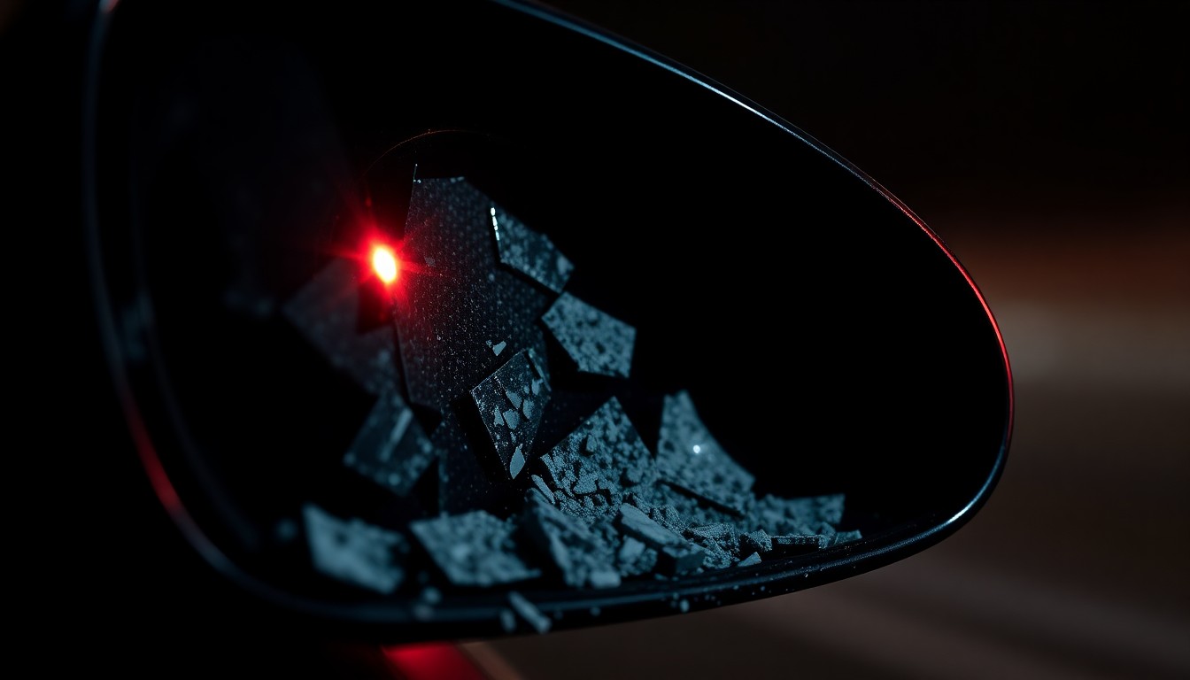 An extreme close-up of a shattered car side mirror reflecting a faint red light, conceptually representing the aftermath of a fatal DUI crash.