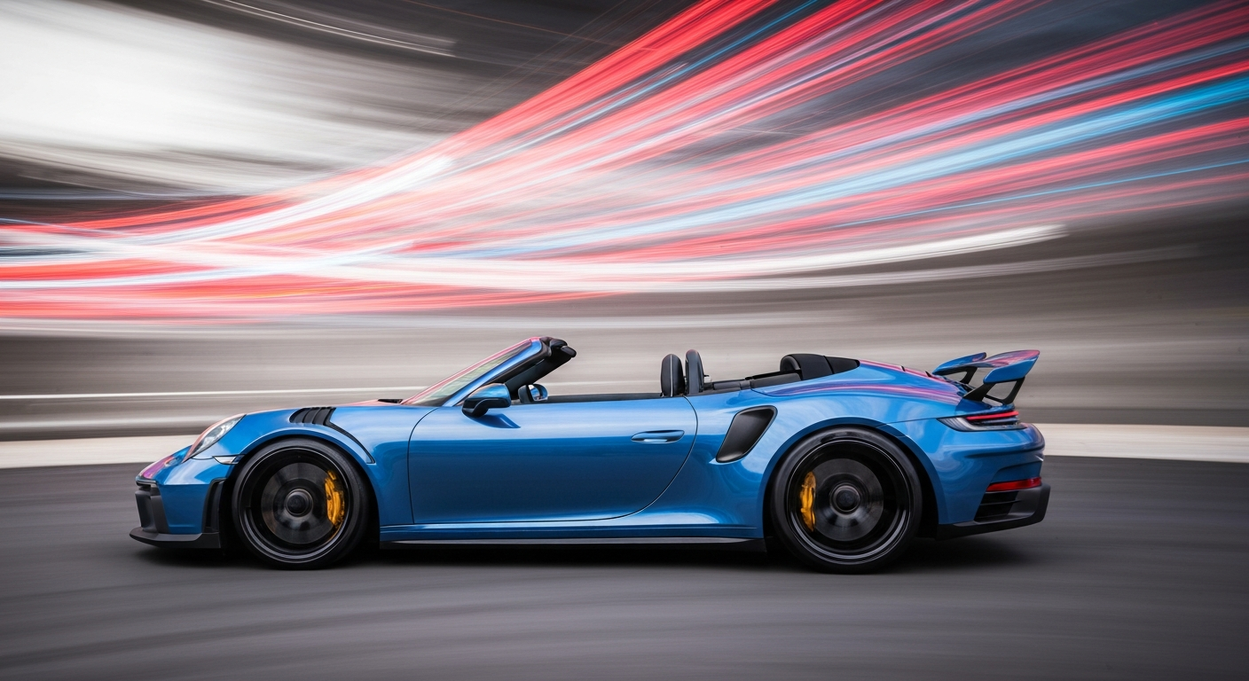 An abstract, colorful image created with sweeping, blurred brushstrokes, depicting a Porsche 911 GT3 S/C convertible in motion, conveying the thrill and speed of open-air driving.