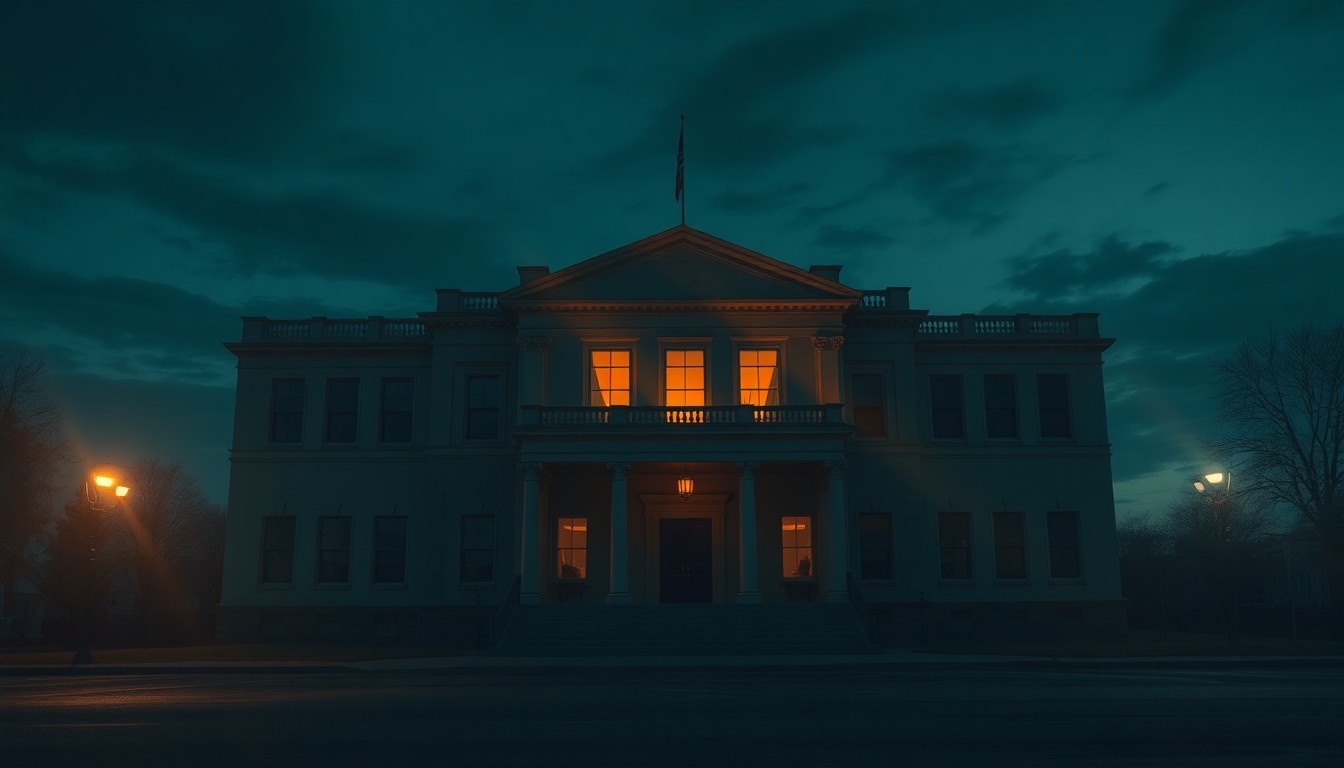 A cinematic painting in the style of Edward Hopper depicts a dimly lit, slightly run-down government building at dusk, with warm sunlight casting long shadows across the facade, conveying a sense of melancholy and neglect.