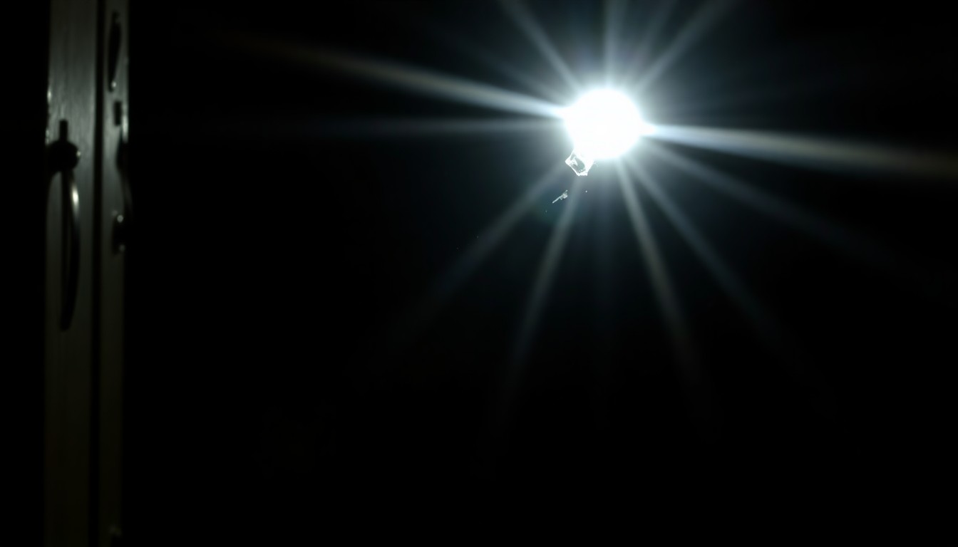 An extreme close-up photograph of a damaged, discarded object from a crime scene, lit by a harsh camera flash against a pitch-black background, conveying a gritty, investigative aesthetic without depicting violence.