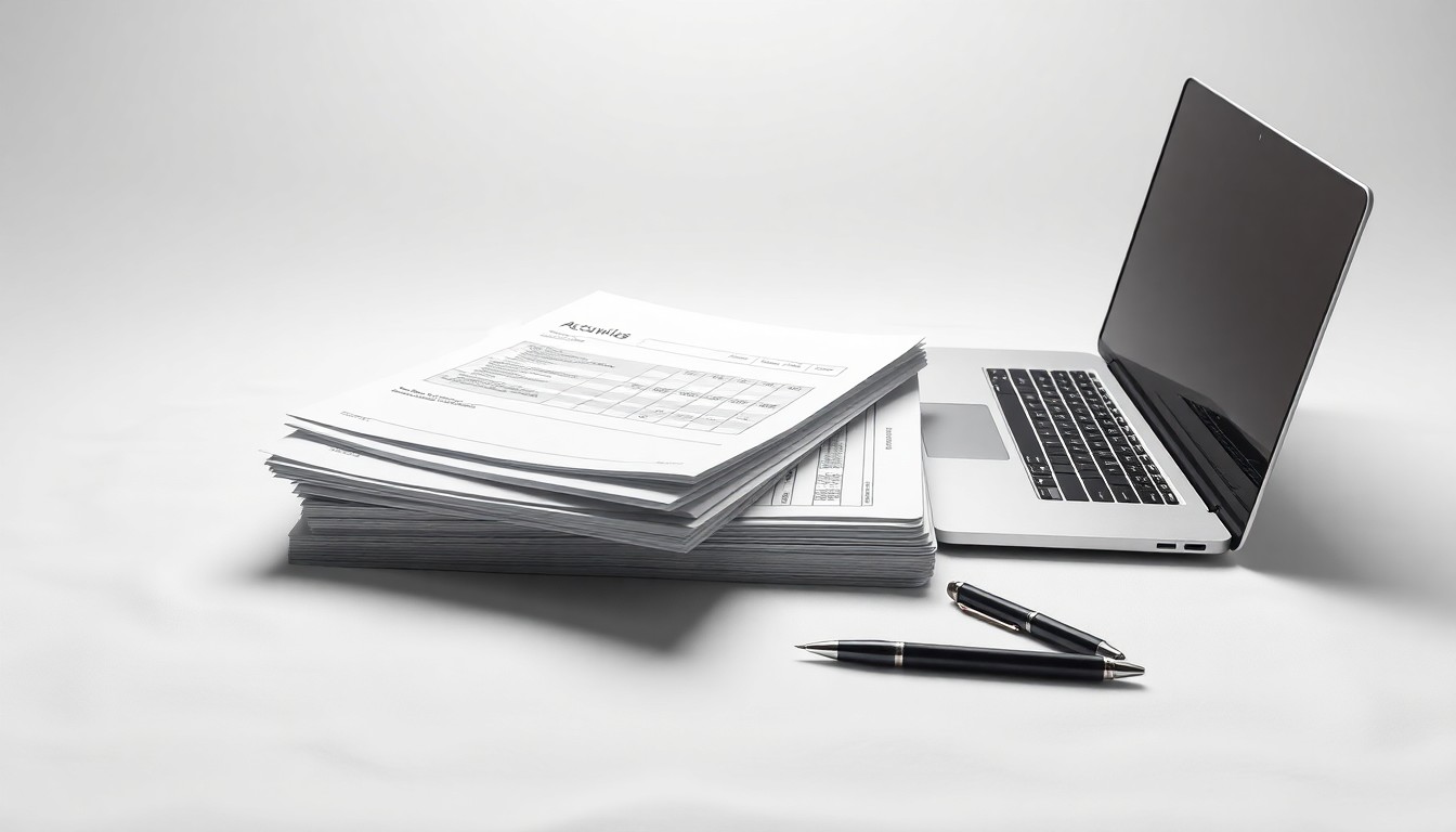 A high-end, photorealistic studio still-life photograph featuring a stack of accounting ledgers, a laptop, and a pen elegantly arranged on a clean, white seamless background, conceptually representing the abstract corporate strategy and data-driven decision-making enabled by integrated FP&A solutions.