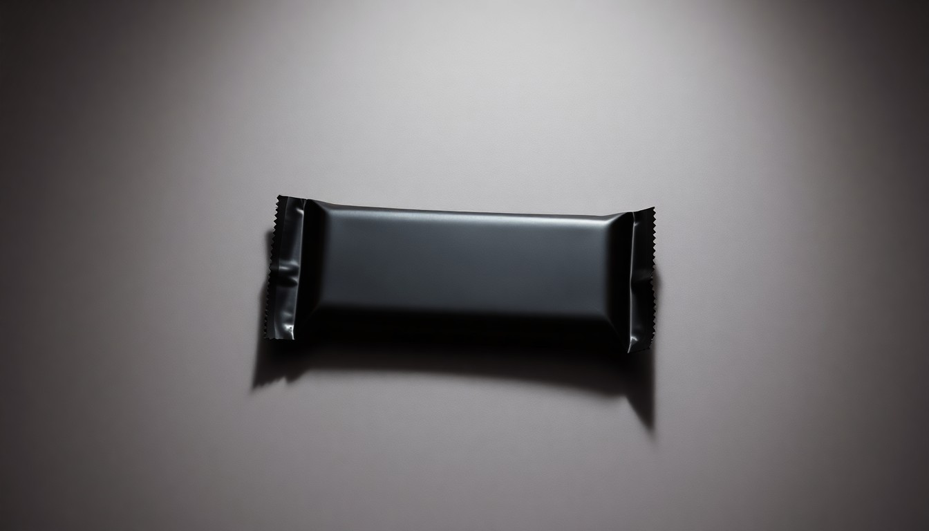 A high-end, photorealistic studio still-life photograph featuring a single, elegant chocolate bar in a sleek, matte black wrapper, resting on a clean, monochromatic seamless background with dramatic studio lighting casting deep shadows, conceptually representing the premium quality and refined craftsmanship of the now-closed Kate Weiser Chocolate brand.