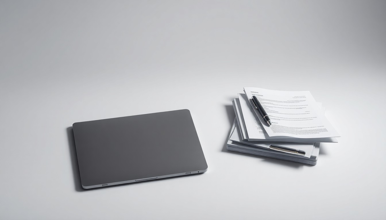 A photorealistic studio still life featuring a sleek laptop, pen, and documents, symbolizing the collaboration between Sendero Consulting and Aera Technology to deliver intelligent automation and data-driven insights.