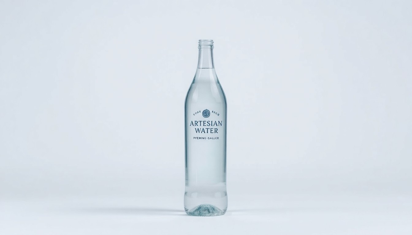 A photorealistic studio still-life image of a single glass bottle of premium artesian spring water, reflecting the studio lighting dramatically on its polished surface to symbolize the quality and purity of the product.