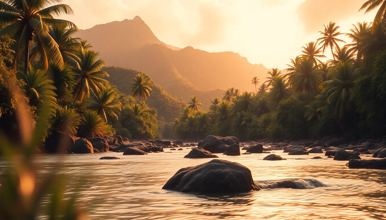 An out-of-focus photograph in warm, earthy tones depicting a serene Hawaiian landscape with lush foliage and flowing water, conceptually representing the tranquility and natural beauty that Kekuhi Kealiikanakaoleohaililani's work aims to protect.