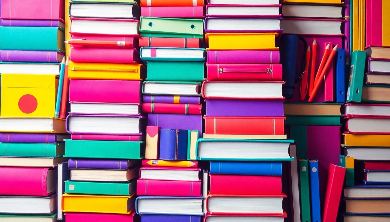 A colorful, abstract grid of school supplies like textbooks, pencils, and notebooks, conceptually representing the tension between funding priorities and taxpayer impact in the Hillsborough school budget discussions.