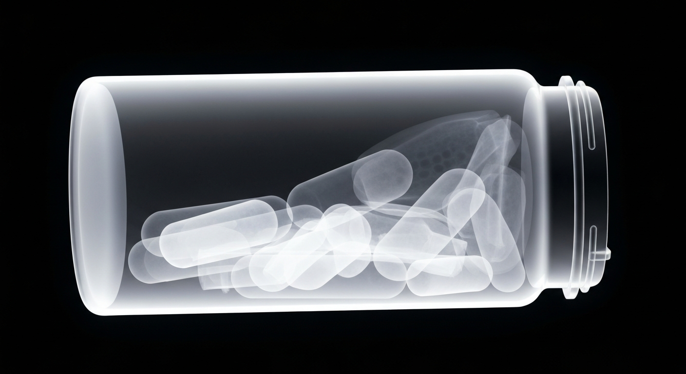 A translucent, ghostly X-ray photograph showing the internal structure of a prescription medication bottle, highlighting the importance of accessible pharmacy services for underserved communities.