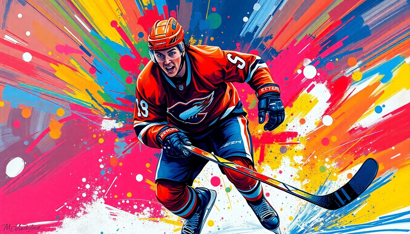 An abstract, energetic painting in neon colors depicting the dynamic motion and scoring ability of a hockey player, with their features obscured by the expressionist brushstrokes.
