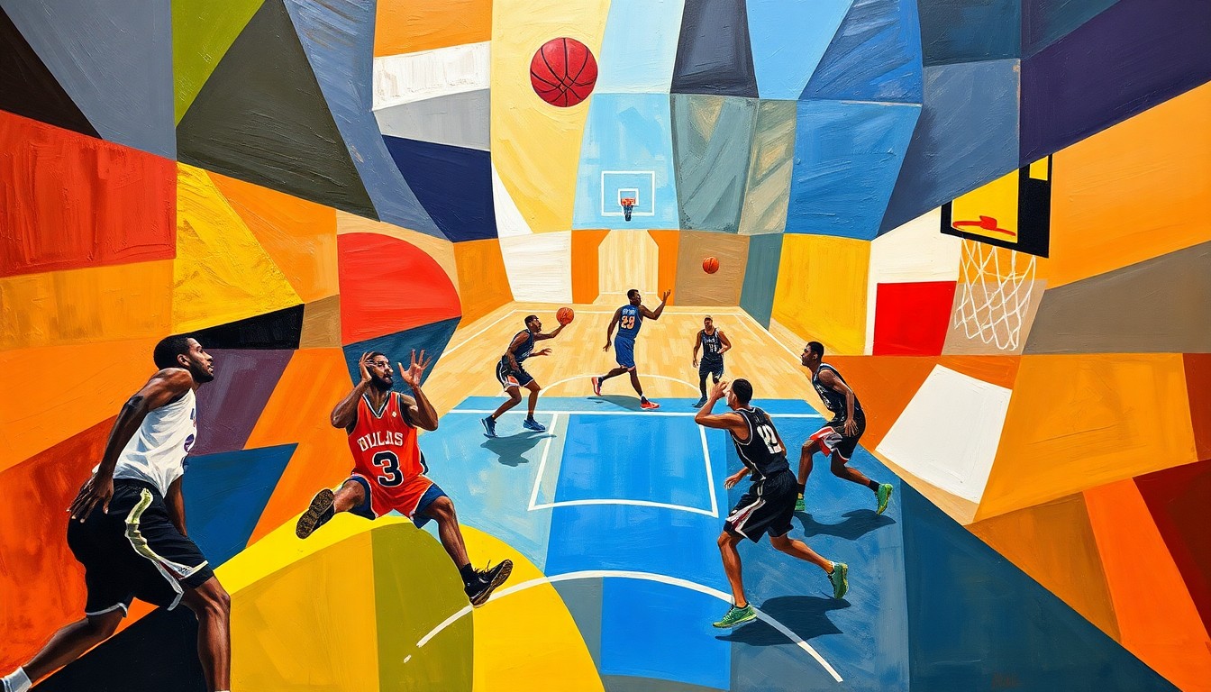 A fragmented, geometric painting depicting the overlapping forms and movements of basketball players, rendered in a cubist style that emphasizes the dynamic nature of the sport.