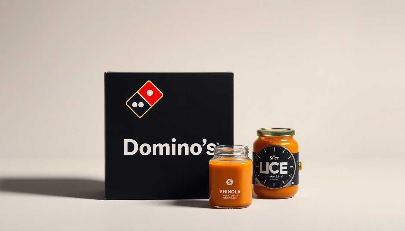 A high-end, photorealistic studio still-life photograph featuring a black and gold Domino's pizza box, a jar of the new Slice Sauce, and a Shinola watch, all arranged elegantly on a clean, monochromatic background with dramatic lighting and shadows, conceptually representing the premium partnership between the two brands.