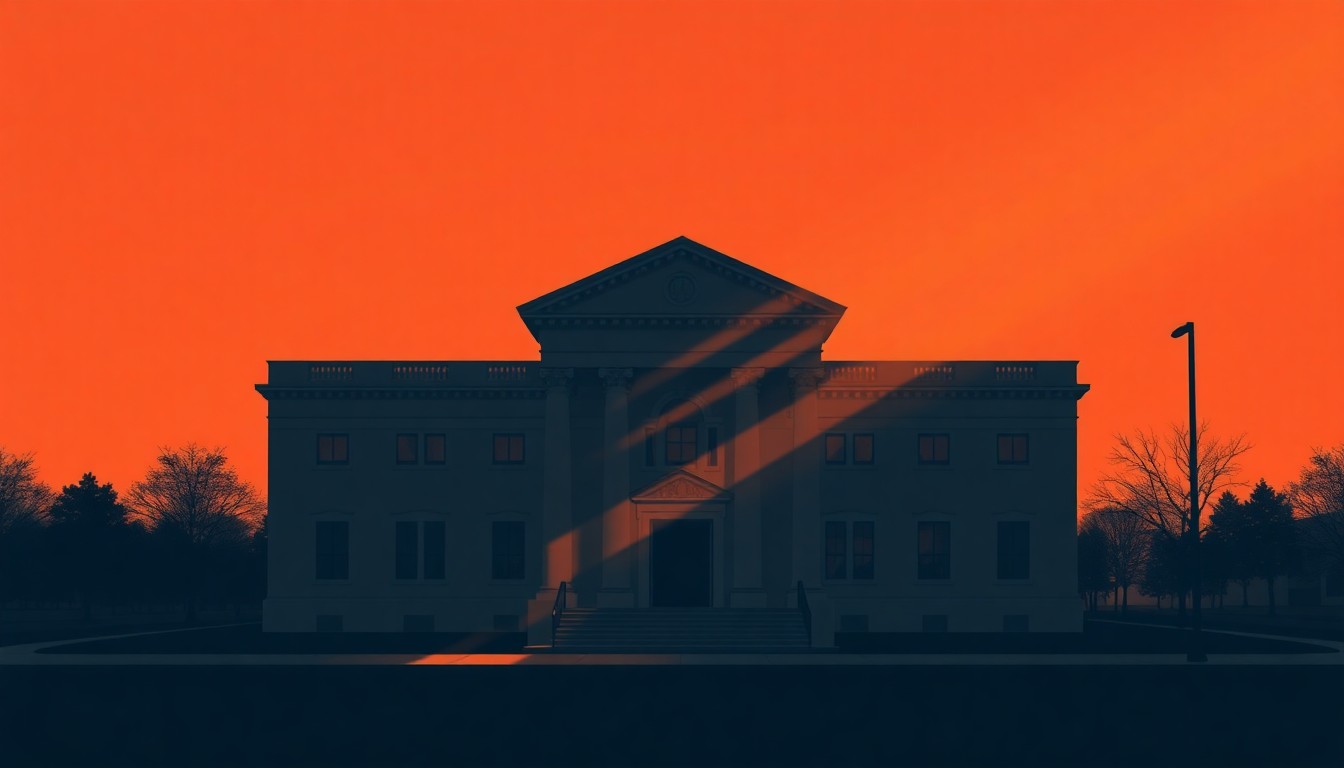 A dimly lit government building with warm sunlight streaming through the windows, creating deep shadows and a sense of solemnity, conceptually representing the legal battle over immigration policies.
