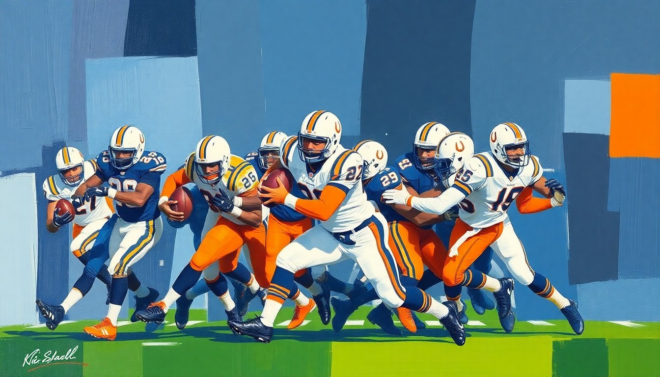 A fragmented, geometric painting depicting the chaotic movements and collisions of a football pass rush, with sharp planes of navy blue, orange, and white intersecting to create a dynamic, abstract composition.