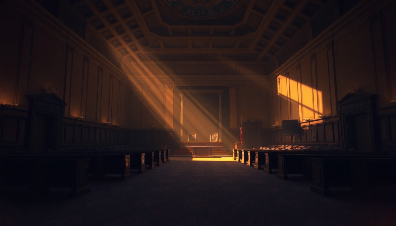 A dimly lit, cinematic painting of an empty government office or legislative chamber, with warm sunlight streaming in through the windows and deep shadows obscuring much of the room. The scene conveys a sense of tension and uncertainty around the fate of the 'ComEd Four' convictions.