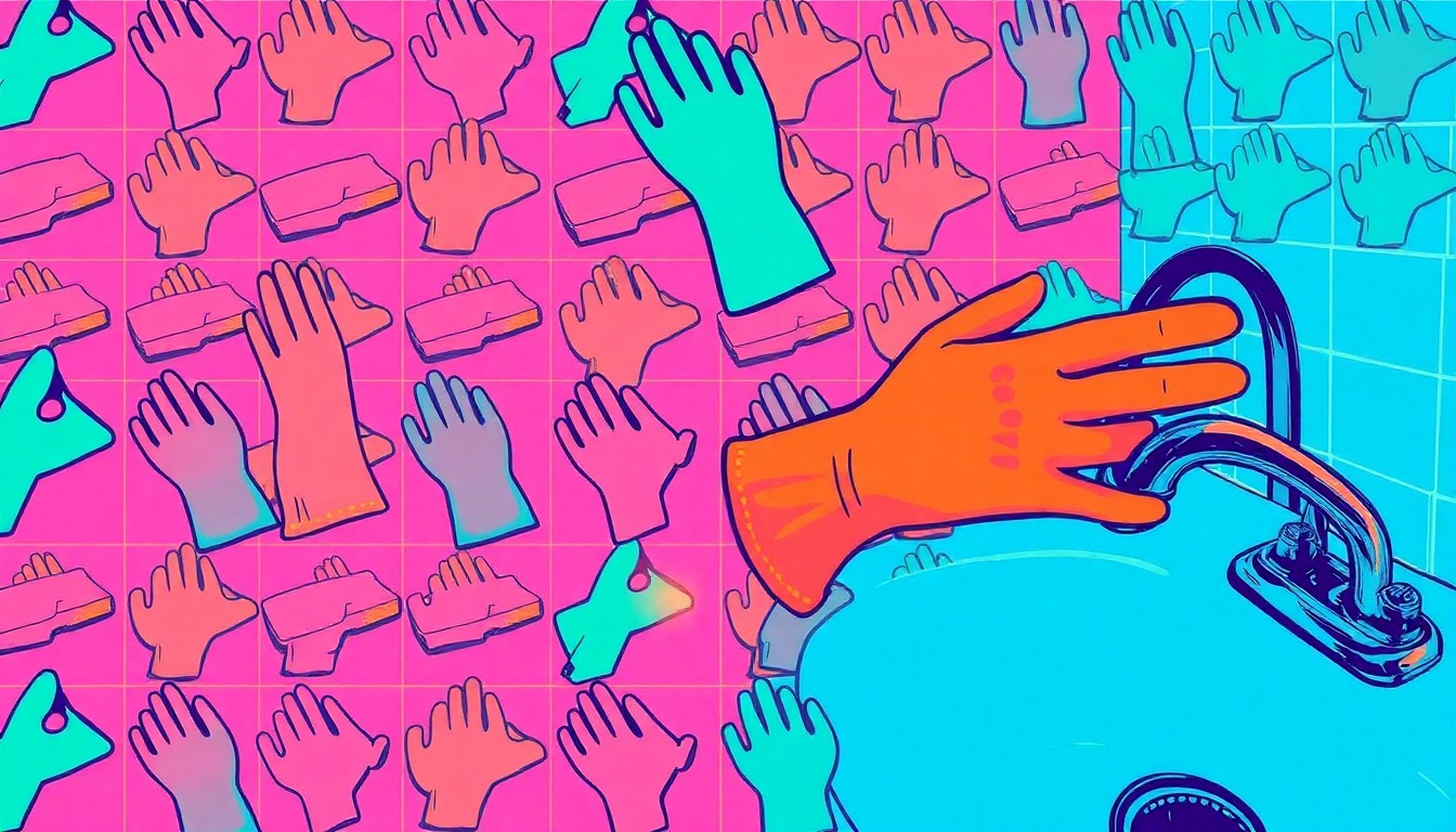 A brightly colored, high-contrast silkscreen print of a single, iconic dishwashing object such as a sponge, gloves, or sink repeated in a tight grid pattern, capturing the repetitive and demanding nature of dishwashing work in a modern pop art style.