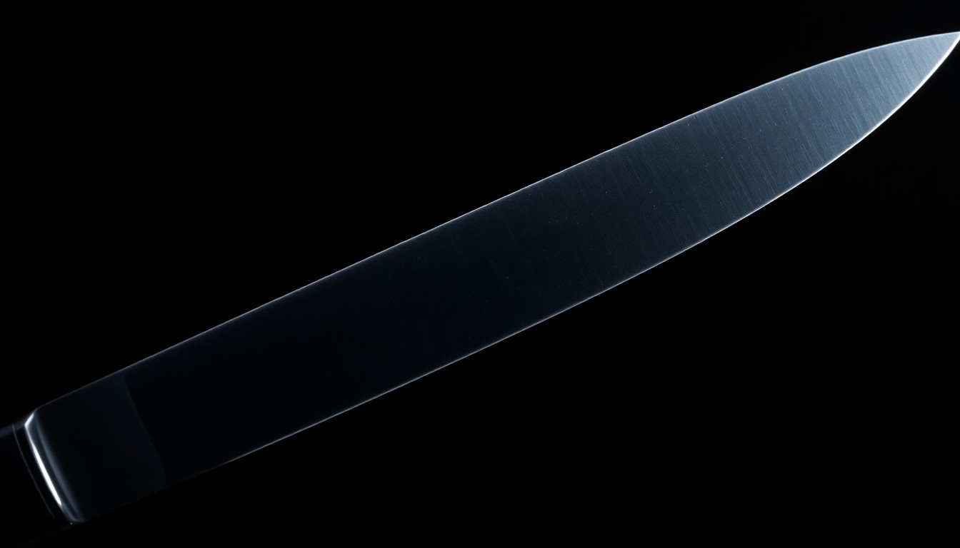 An extreme close-up of a knife blade reflecting a harsh, direct camera flash, conceptually representing the violence of a stabbing incident in Half Moon Bay.