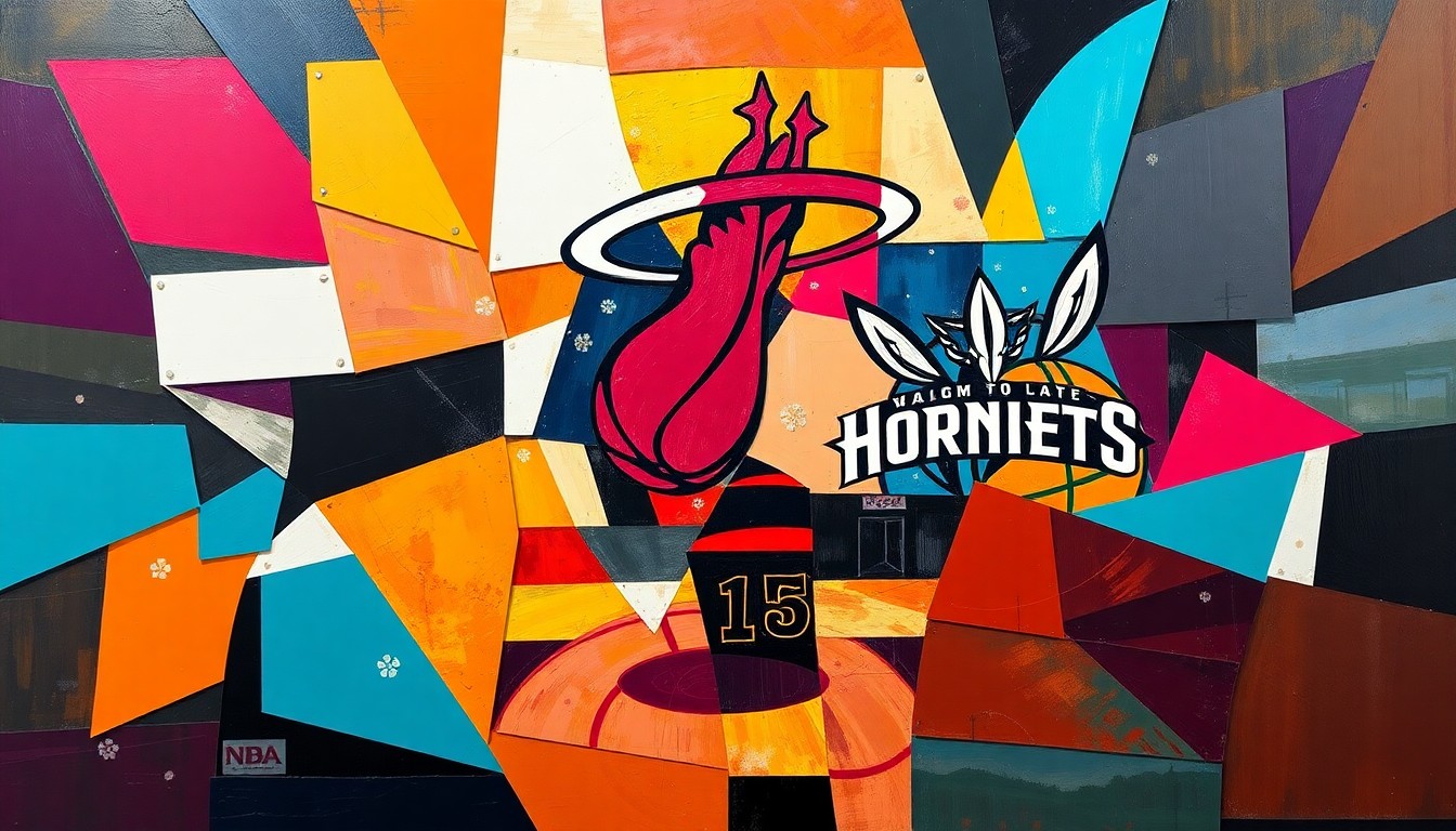 A cubist, geometric painting depicting a basketball game or match, with sharp, overlapping planes of color representing the Miami Heat and Charlotte Hornets teams in action.