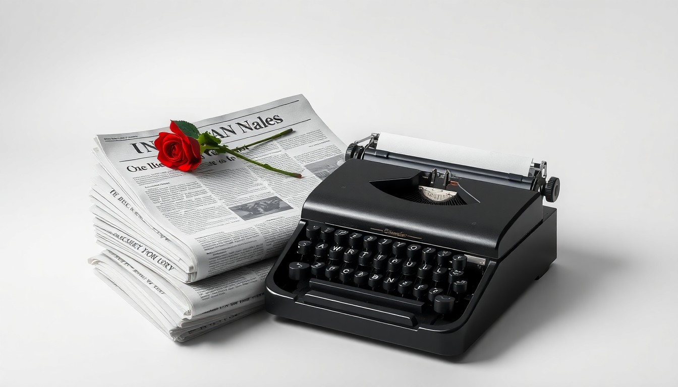 A high-end, photorealistic studio still-life photograph featuring a stack of old newspapers, a vintage typewriter, and a single red rose, all arranged elegantly on a clean, monochromatic seamless background, conceptually representing the past, present, and future of local journalism.