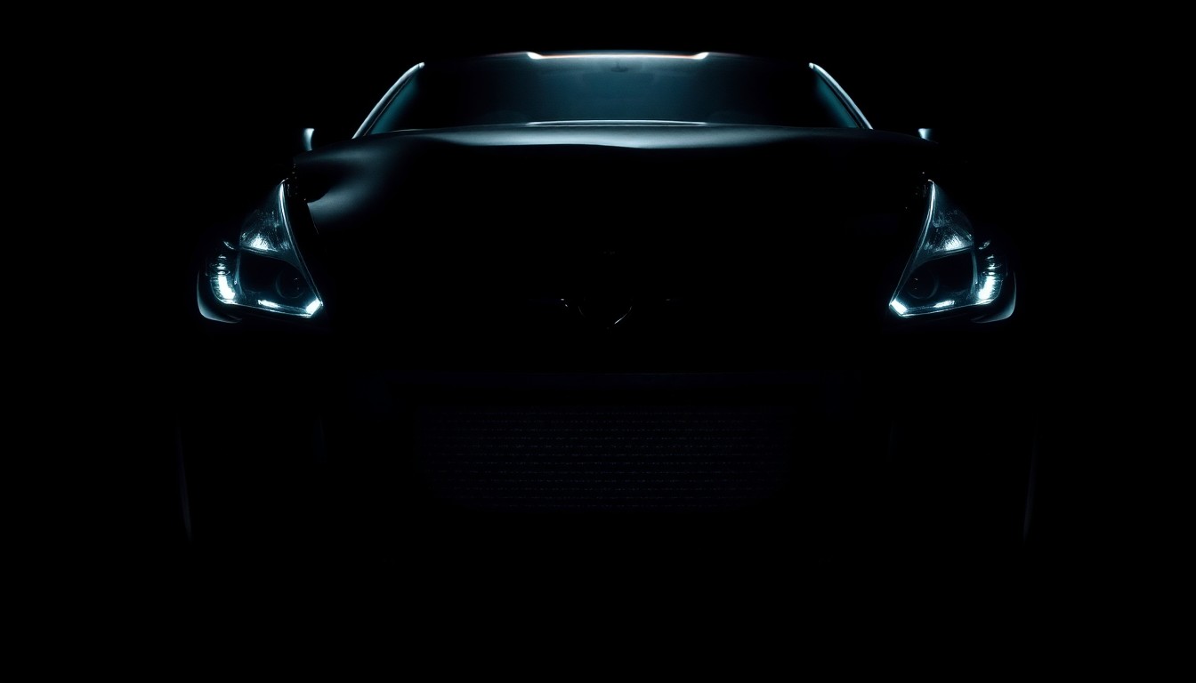 An extreme close-up photograph of the crumpled front end of a totaled sports car, capturing the dramatic damage and gritty, investigative aesthetic.