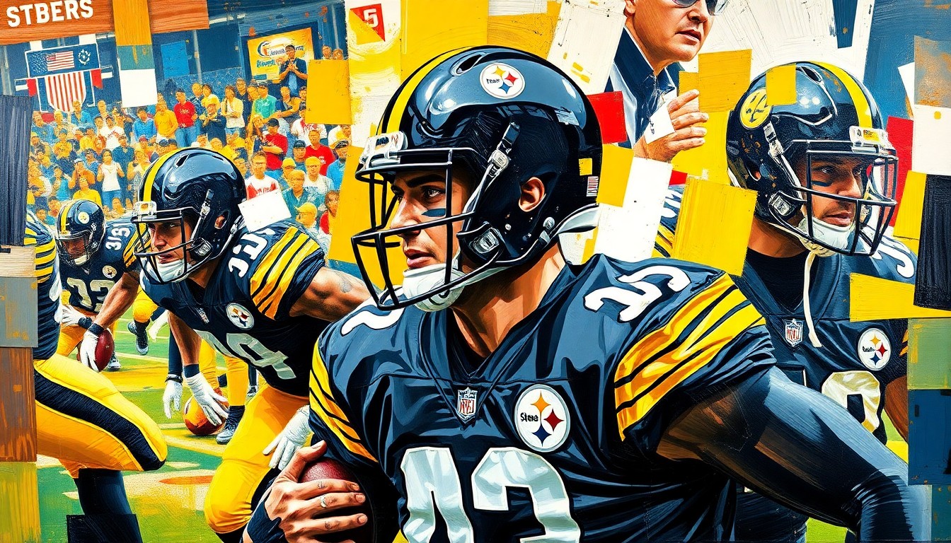 A cubist, geometric painting depicting fragmented, overlapping visual elements of a football game or draft prospect, using the Pittsburgh Steelers' black and gold colors to conceptually represent the team's strategic evaluation process.