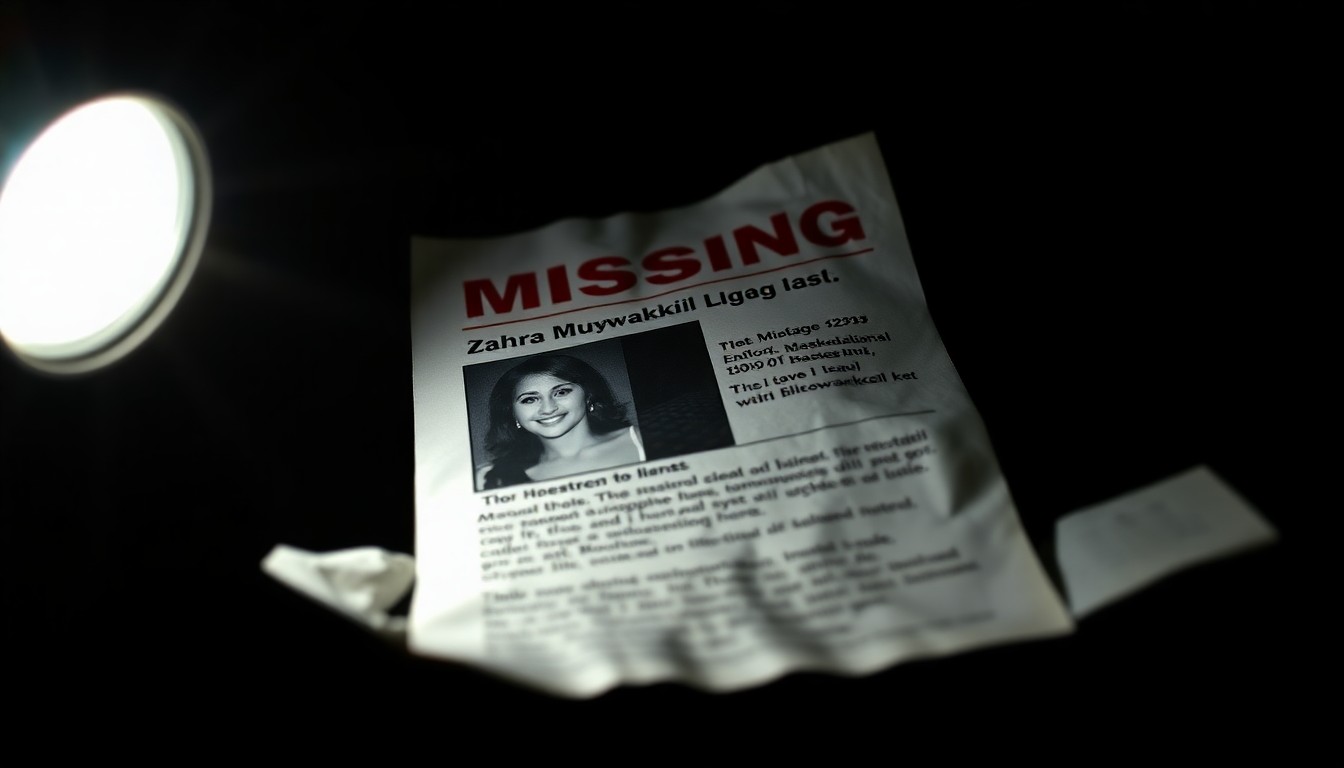 An extreme close-up of a crumpled missing persons flyer with a photo and description, dramatically lit by a harsh flash against a dark background to convey the serious and urgent nature of the search.