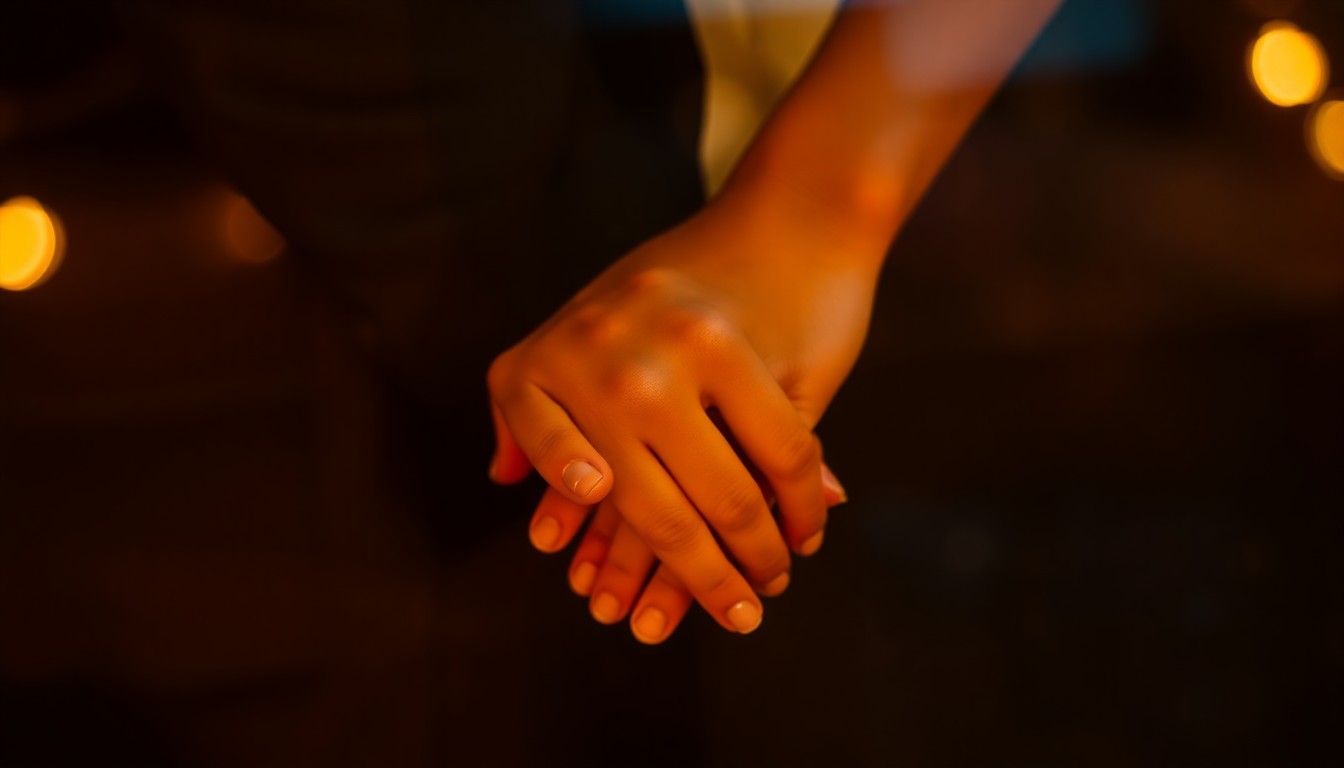 An extremely abstracted, out-of-focus photograph of two hands intertwined, partially obscured by condensation or rain-streaked glass, conveying a sense of intimacy and connection despite the blurred and dreamlike quality of the image.
