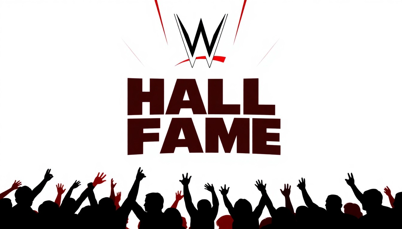 A striking, minimalist illustration featuring bold, geometric black silhouettes against a vibrant red background, capturing the dramatic energy and spectacle of the WWE Hall of Fame induction ceremony.
