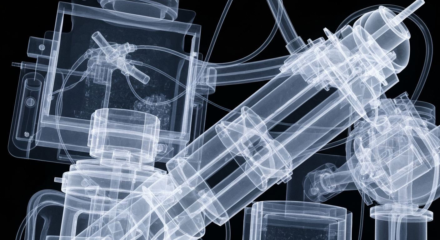 An extreme close-up X-ray photograph revealing the complex internal structures of various medical devices and instruments, conceptually illustrating the advanced cancer research and treatment capabilities that will be housed in the new Greenebaum Comprehensive Cancer Center facility.
